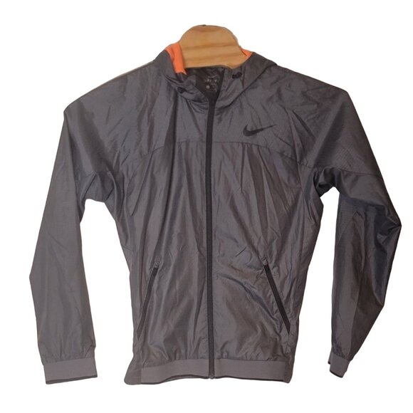 Nike Dri-Fit Windbreaker Jacket Gray Lined Hooded Size Small Full Zip Hoodie - Picture 1 of 5